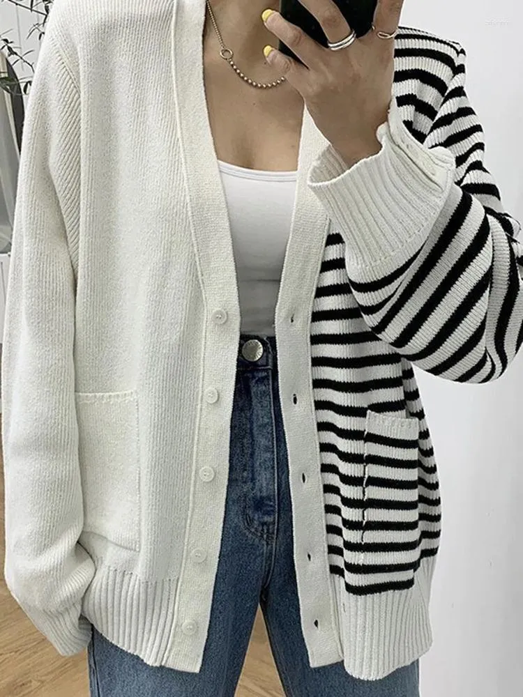 Women s Sweaters Side One button Cardigan Coat For Women Long Sleeve Striped Contrast Loose Sweater Jacket 2023 Autumn Tide Knit Coats X344