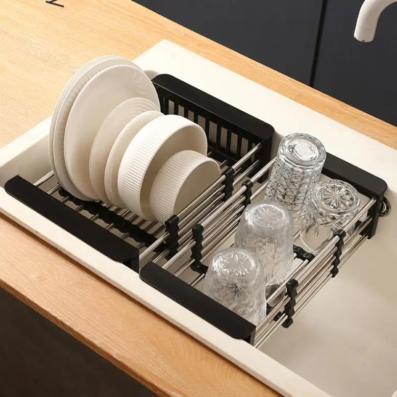 Scolapasta da sopra il lavello, scolapasta espandibile multifunzionale in plastica, cestello scolapiatti regolabile, per lavare frutta e verdura (bianco