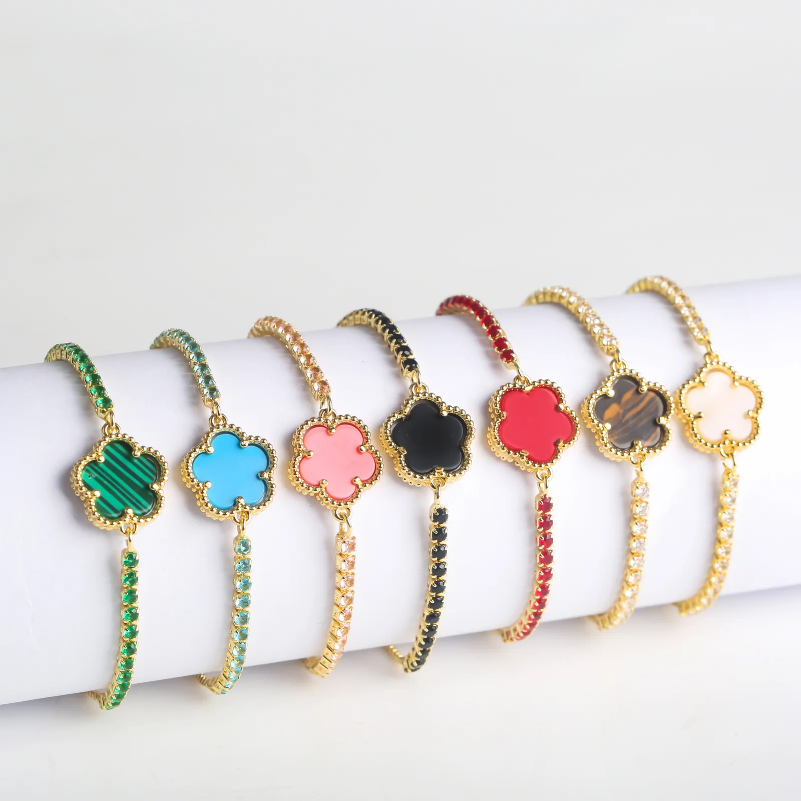 Lucky Clover Charm Bracelet - Sparkling Zircon Flower 