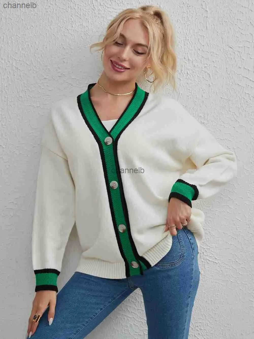 Kadın Örgüleri Tees Wixra Kadın Örme Cardigan Patchwork V Boyun Tek Boy Boy Süveter Sonbahar Kış Gevşek Gevşek Kadın Ceket HKD230821