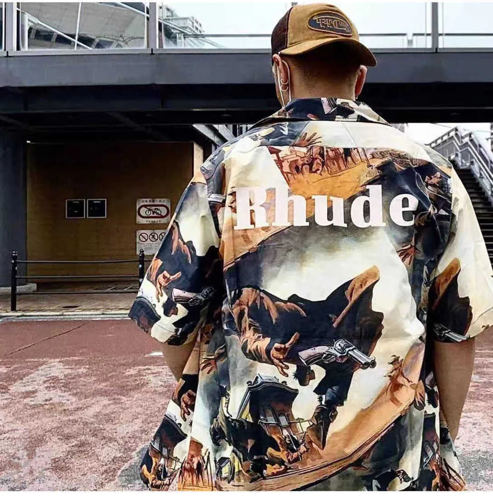 T-shirts Rhude T-skjorta Oljemålning Skjorta Kort ärm Bounty Hunter Western Cowboy Back Letter Print Beach Tide