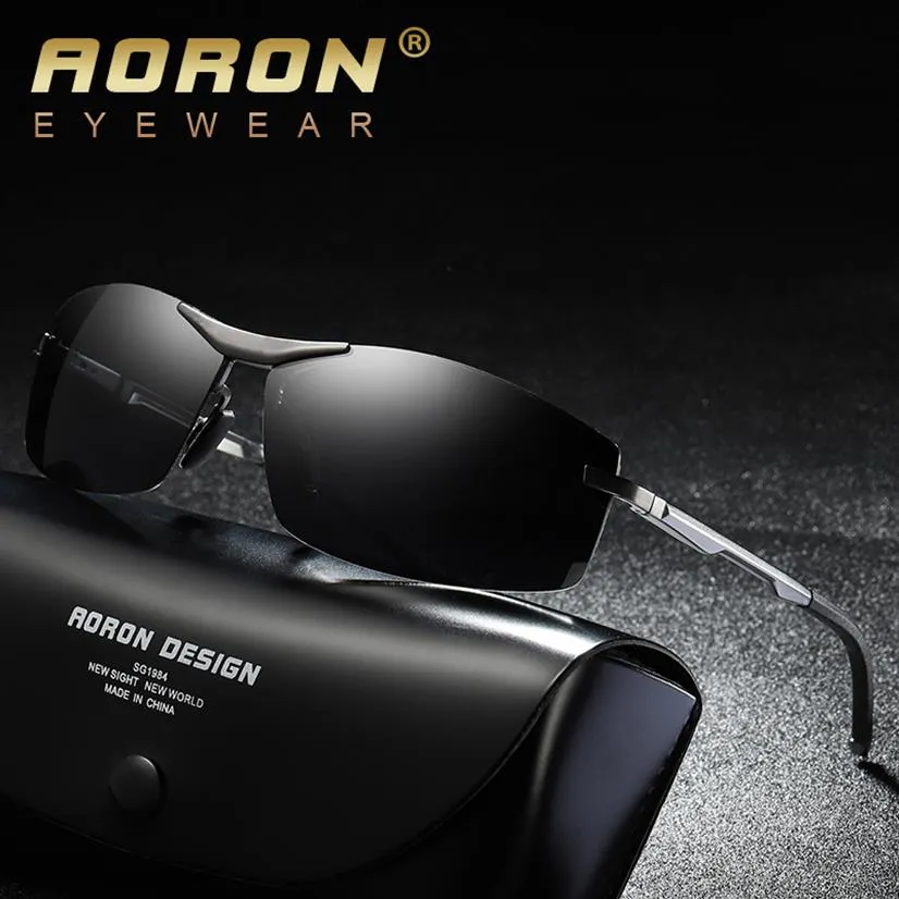 Aoron mens polariserade solglasögon som driver rektangel solglasögon aluminium ram suglasses män uv400 anti-reflektiv198b