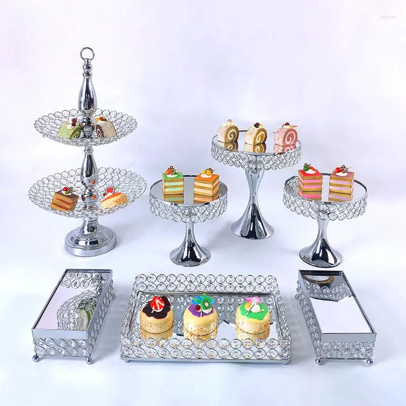 Placas 7pcs Gold Silver Silver Metal Bolo Stand Round Wedding Birthday Party Party Cupcake Pedestal Display Plate Decor