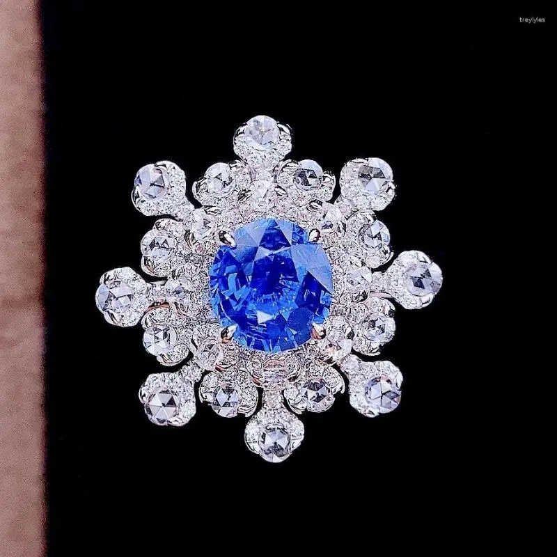 Cluster ringen hjy maïsbloem blauwe saffierring echt puur 18k wit goud natuurlijke edelstenen 1.15ct diamanten steen vrouw