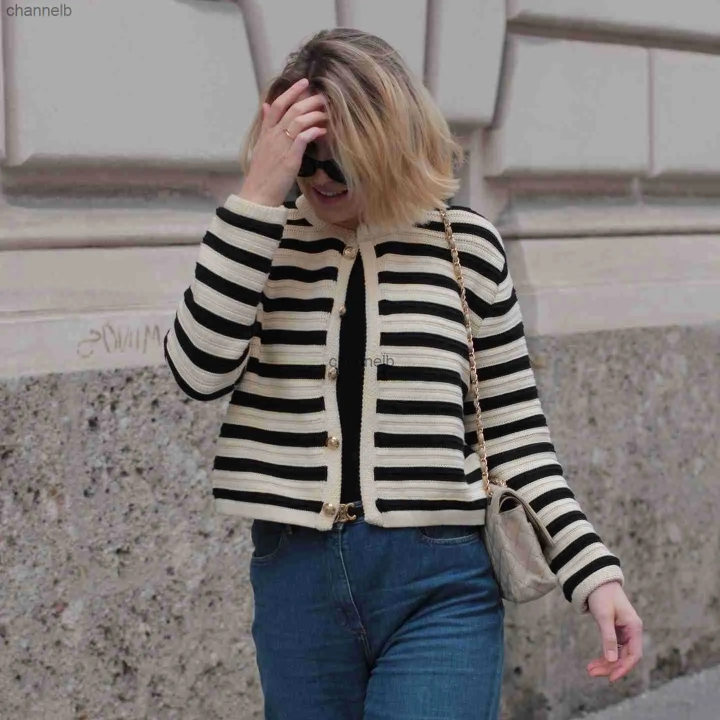 Women's Knits Tees Engraved New Gold Button Striped Women Cardigan Wool-blend Tops 2023 New in French Style Fashion Sweater Tops HKD230821
