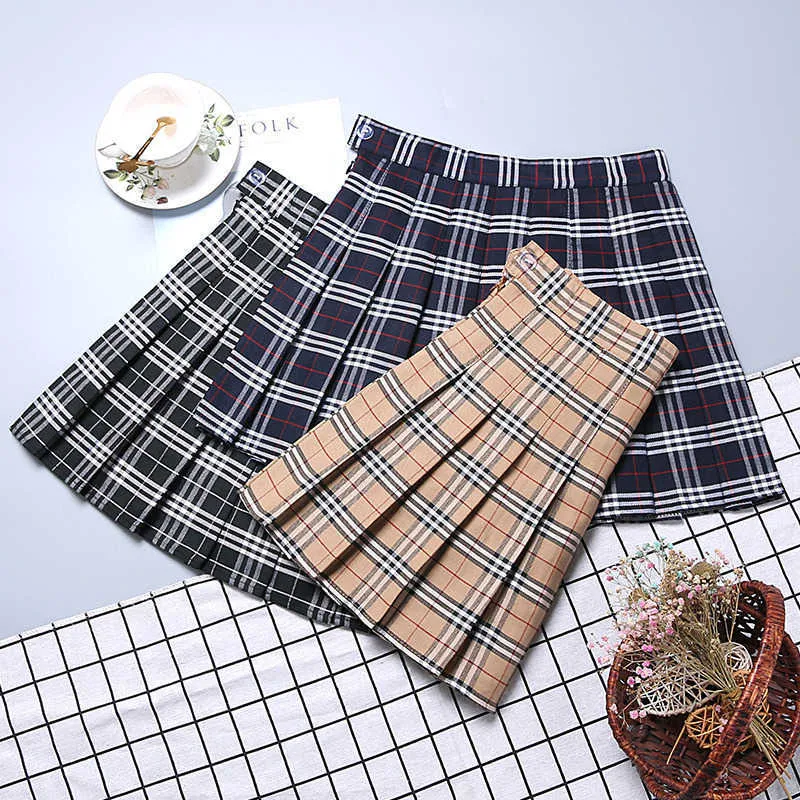 Saias Contraste a cor da saia listrada da cor coreana da saia plissada Autumn High Caist A Line Plaid Mini Skirt Student Student Style Sweet W0308