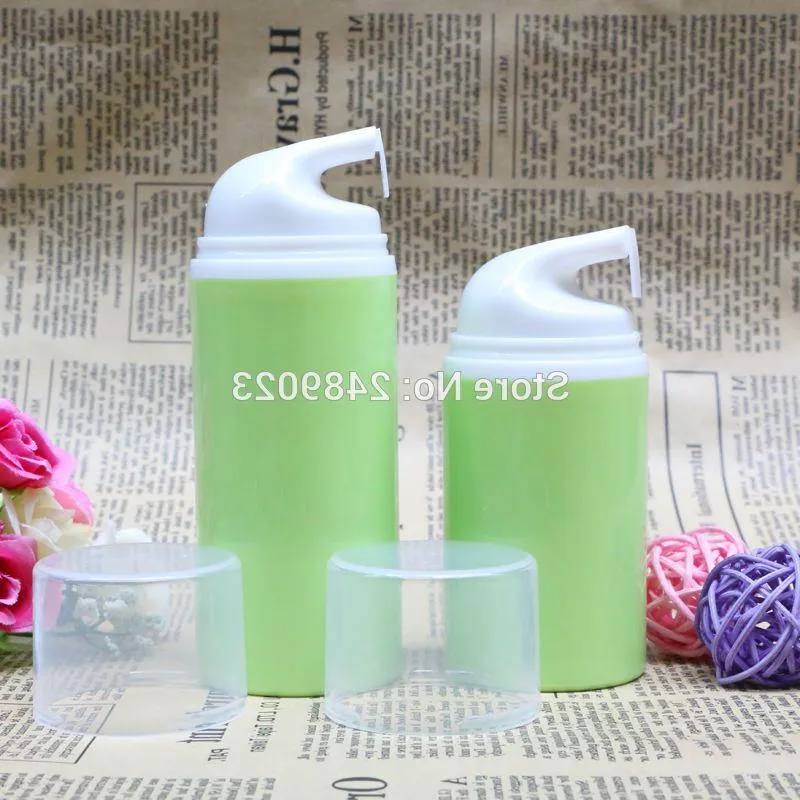 Makeup Tools Green Essence Pump Bottle White Head Plastic Airless flaskor för Lotion Shampoo Kosmetiska förpackningar 100 st/Lot Csafx