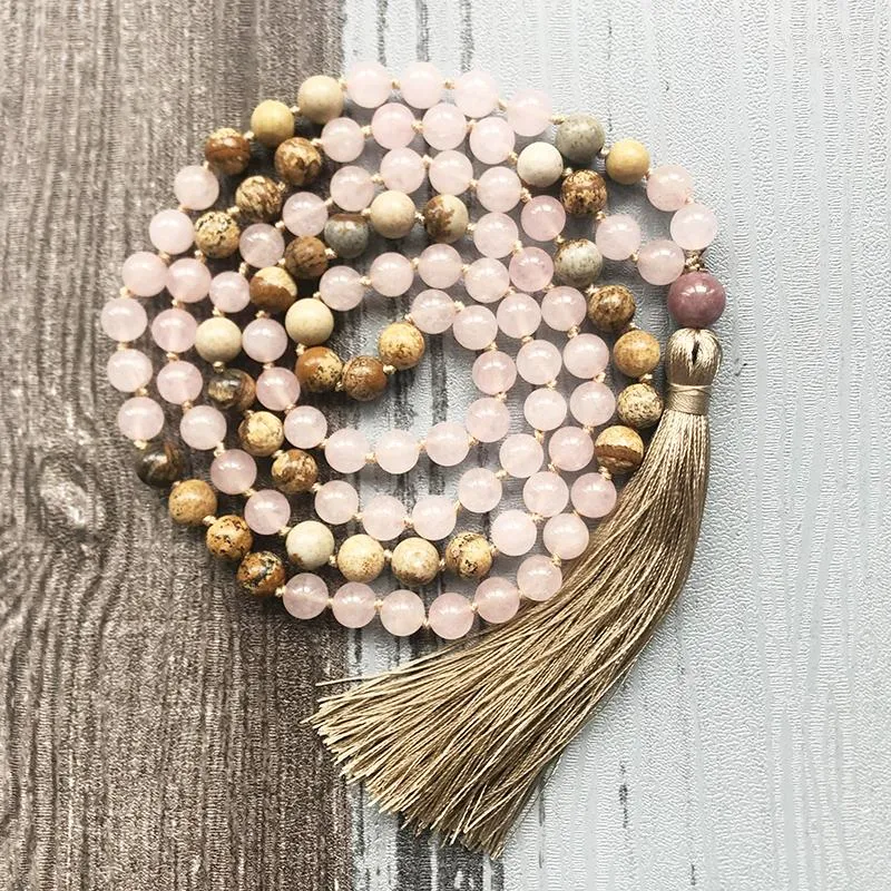 Kedjor yoga mala pärlor 108 halsband 8mm bild J-Asper och Rose Q-uartz knutna handgjorda tofs halsband gåva för kvinnor