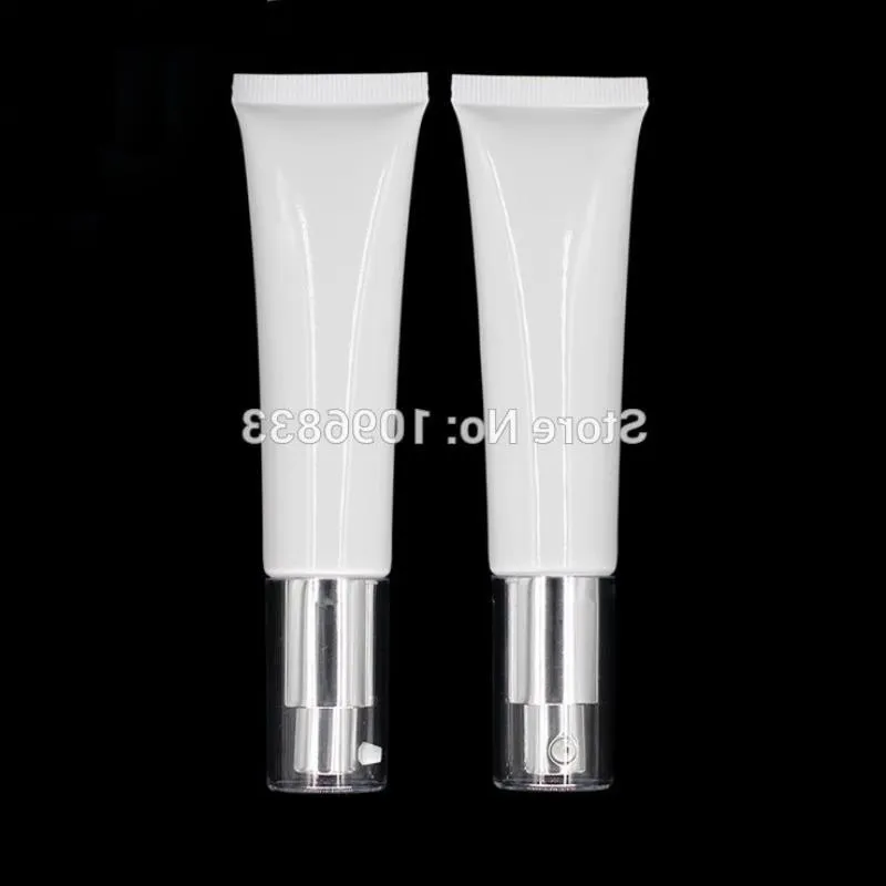 30G White Plastic Hose with Pressed Airless Pump, Cosmetic Foundation Sunscreen Sunblock Packaging Tube, Soft Bottle, 50pcs/Lot Ltdpm