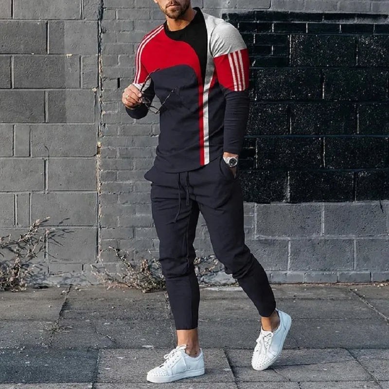 Mens Tracksuit Set Long Sleeve Tee Joggers Casual Streetwear