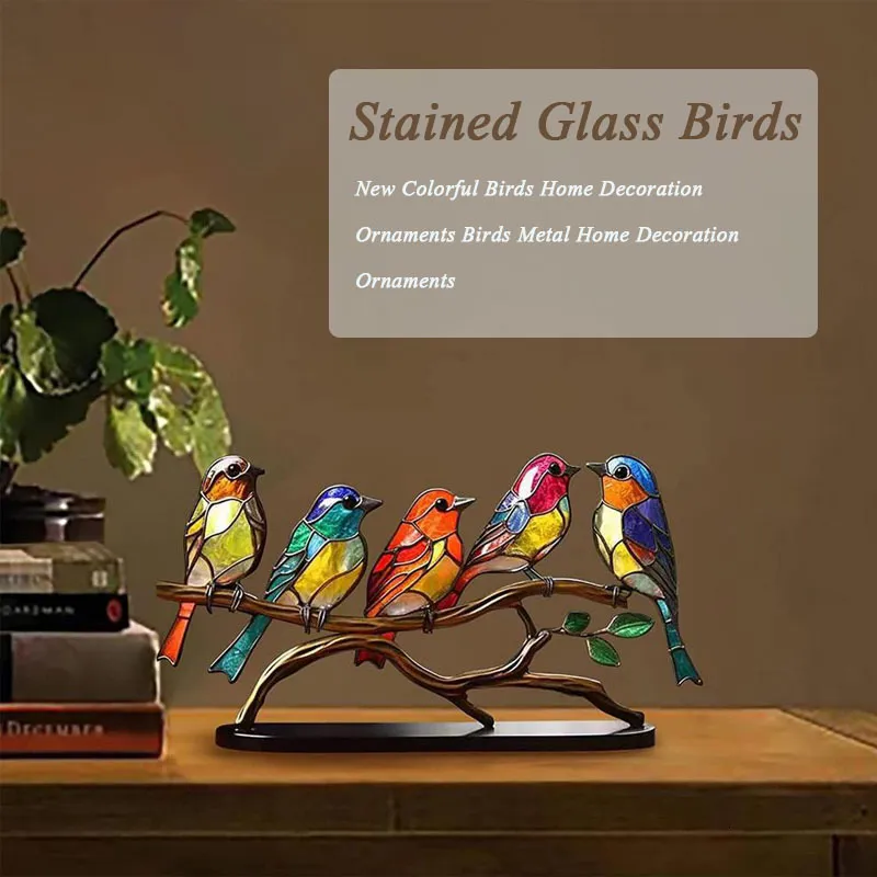 Decorative Objects Figurines Stained Glass Birds on Branch Desktop Ornaments Double Sided Multicolor Alloy Bird Series Acrylic Decoration 1pc 230818