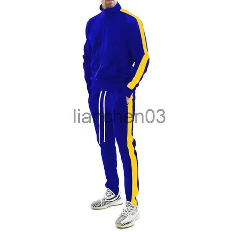 Moletom de tracksuits masculinos casuais Sorta de duas peças do conjunto de homens roupas de retalhos listradas com zíper e ternos de calças para homens J230821