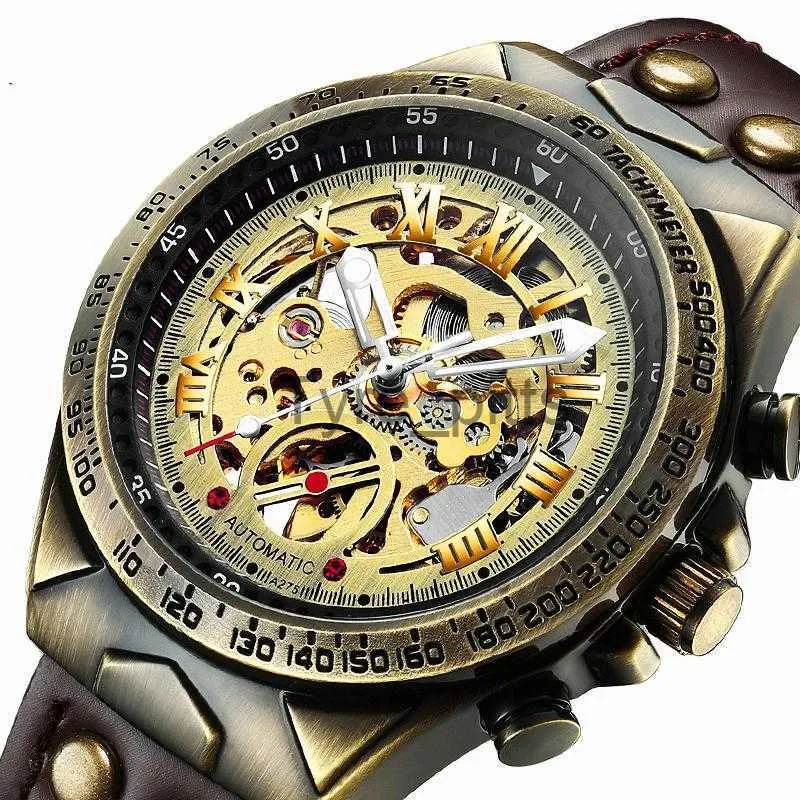 Другие носимые устройства Винтажные автоматические механические часы для мужчин с антикварным бронзовым внешним и кожаным ремнем x0821