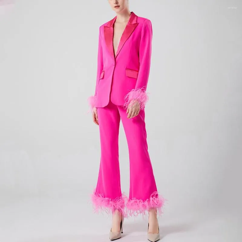 Kvinnors tvåstycksbyxor Pink Ostrich Feather Set Suits 2023 Luxury Real Business Wear Party Blazer Pant Jacket Outfits Women