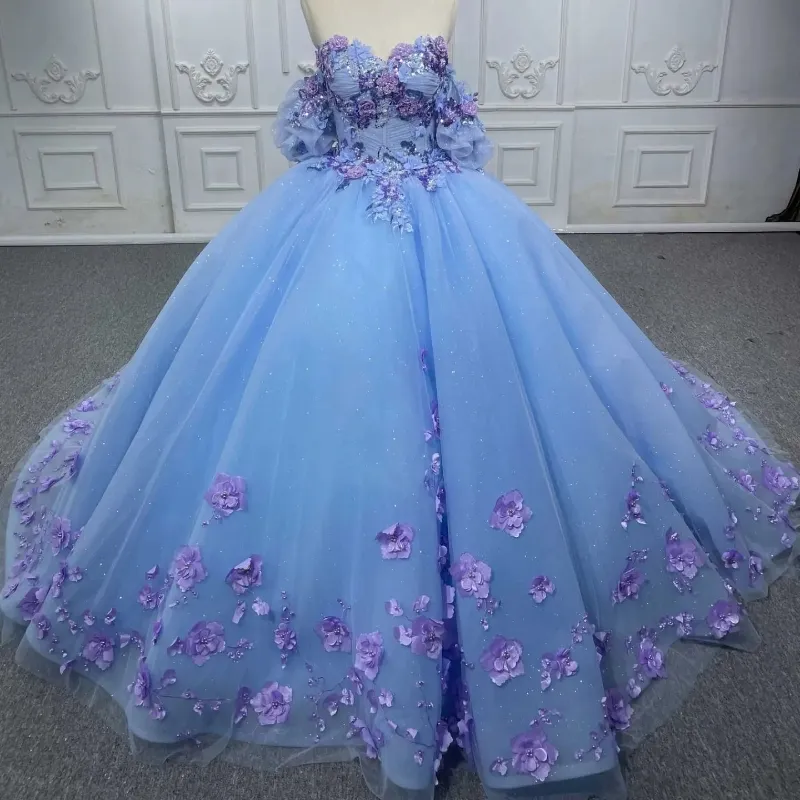 Luxe Bleu Princesse Quinceanera Robes Chérie Robe De Bal Puffy Tulle Douce 16 Robes A-ligne Perles Élégantes 3DFlower Robe De Bal