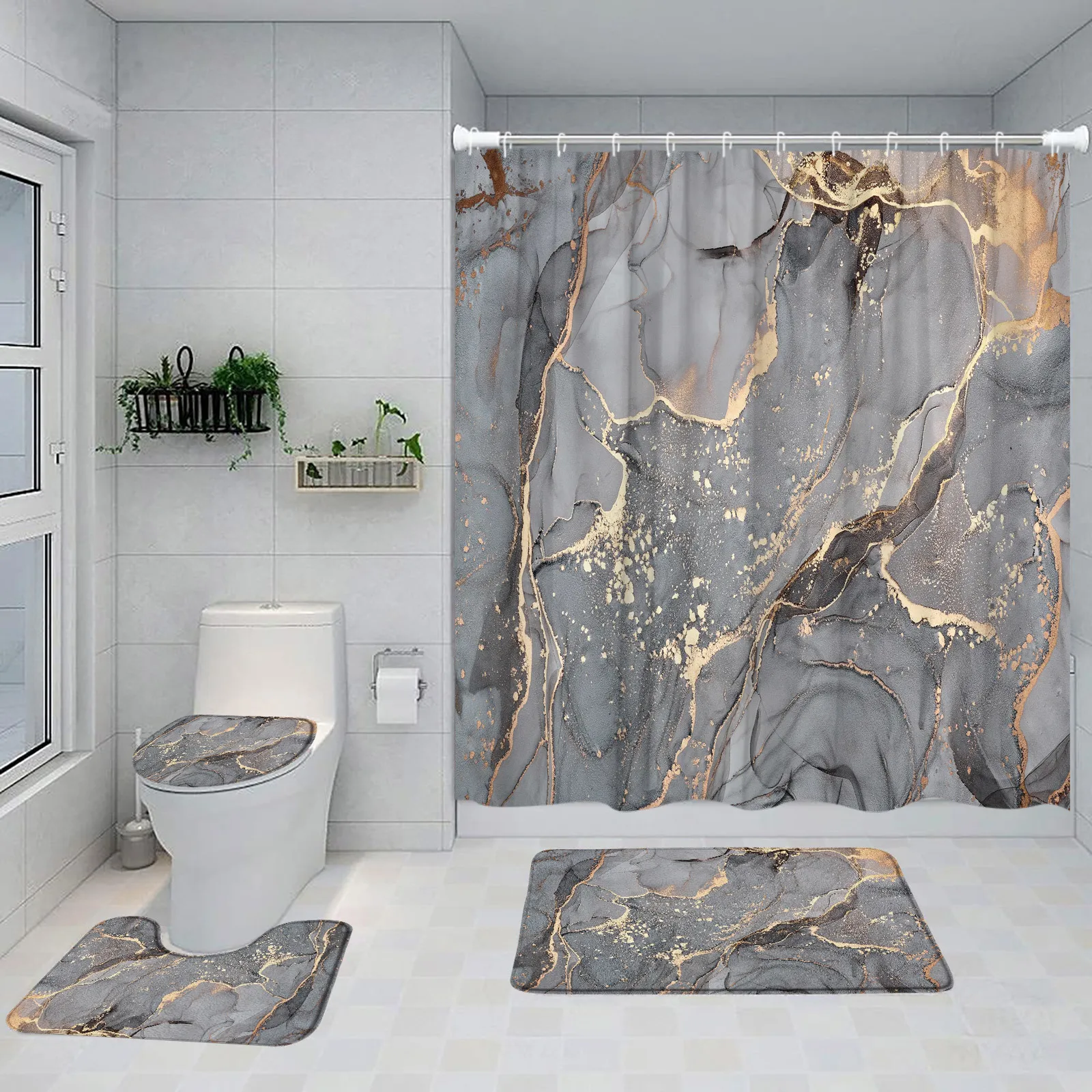 Shower Curtains Gray Golden Crackle Marble Shower Curtain Set Modern Creative Marble Texture Fabric Bathroom Decor Curtain and Non Slip Bath Mat