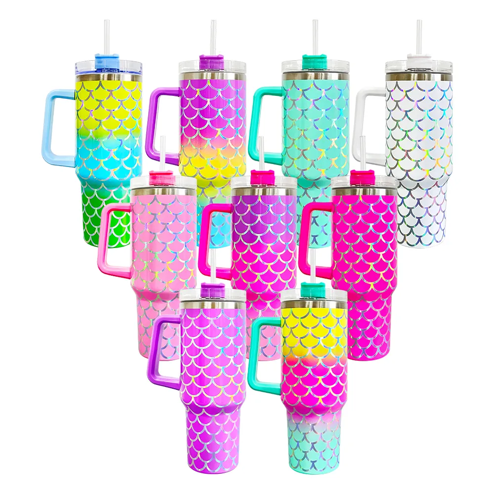 USA warehouse 40oz solid ombre color holographic shinny laser mermaid fish scales 304 stainless steel vacuum insulated tumbler straw cup with handle