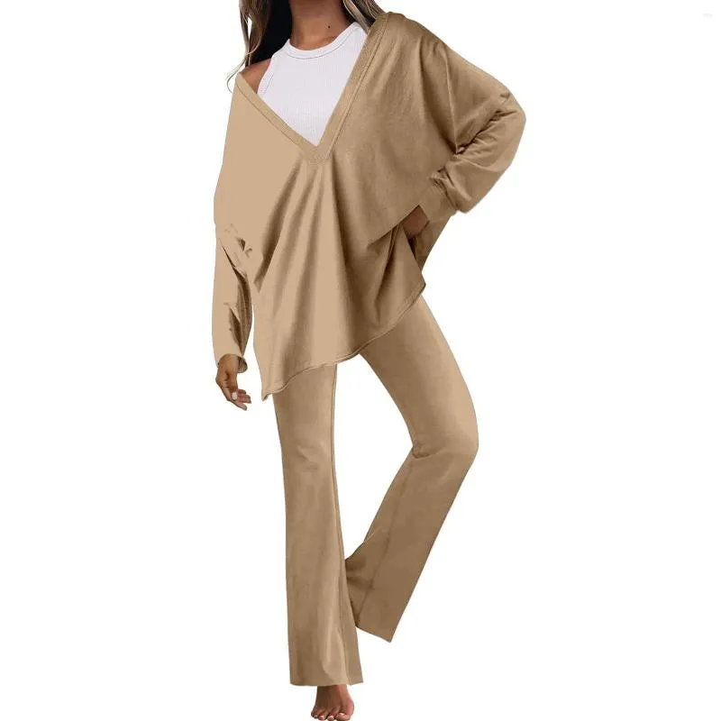 Women's Two Piece Pants Autumn Khaki Pure Cotton Sleepwear V Neck Single Breasted Wide Leg Trouser Suits Drop Sleeves Set Woman 2 Pieces
