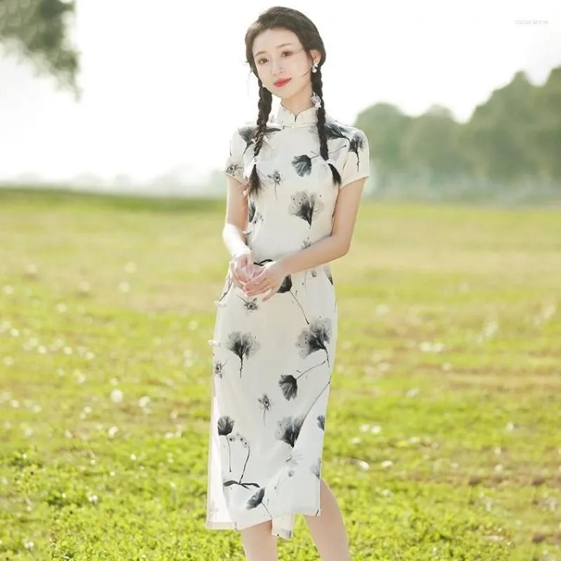 Etnische kleding Chinese stijl Vrouwen Print Flower Qipao Sweet Young Girls Party Jurk Traditional Ladies Stage Show Robe jurk vintage