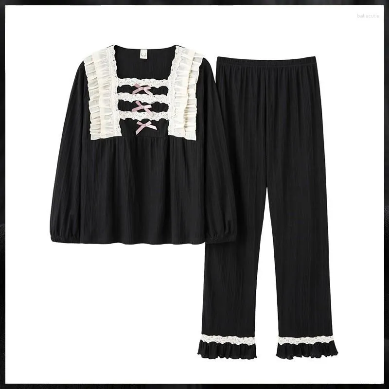 Women's Sleepwear Black Square Collar Pajamas Suit Women Cotton 2pcs Loose Full Shirt&pant Cute Lace Bow Nightwear Homewear Big Size 3xl