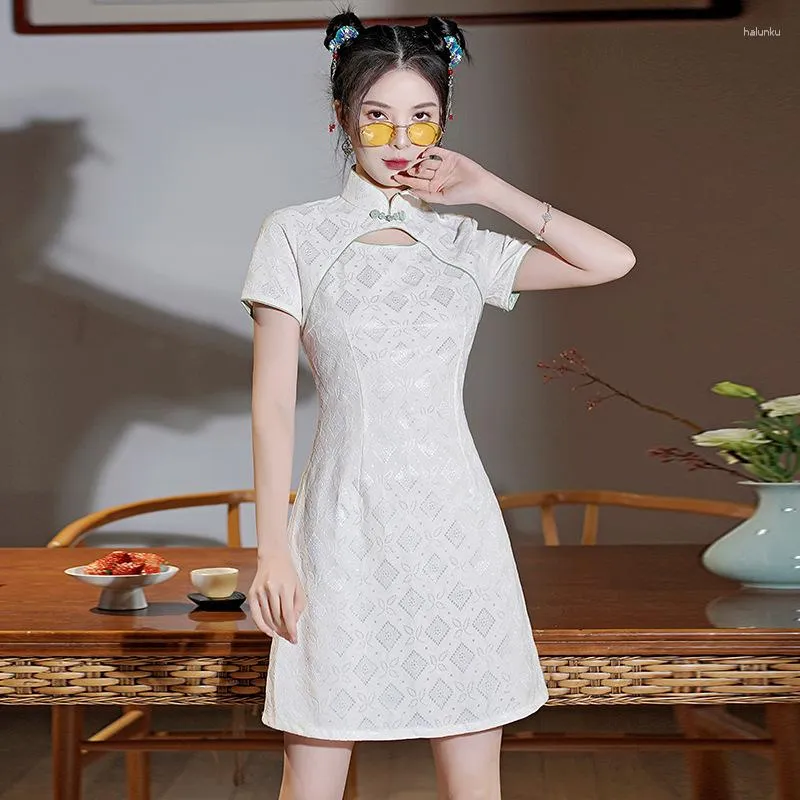 Ethnic Clothing FZSLCYIYI Sexy Hollow Out Chinese Mandarin Collar Chiffon Qipao Short Sleeve Mini Cheongsam Daily Evening Dress