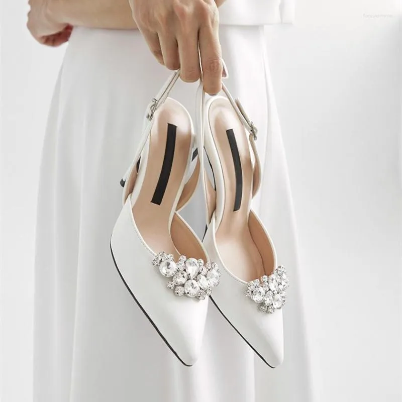 Sandalen 6 cm Fashion Satin spitzer Zeh mit Strasshochschuhen Knöchelwickel weiße Hochzeitsbraut Frauen Schuhe 41 41