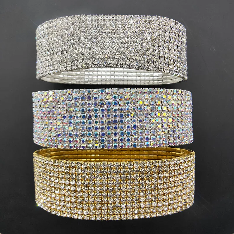 Bracelets de Cheville 10 Rangées Bracelets de Cheville en Cristal Plaqué Argent et Couleur Or Chaîne de Cheville AB Pierre Élastique Stretch Bracelets de Cheville pour Femme 230820