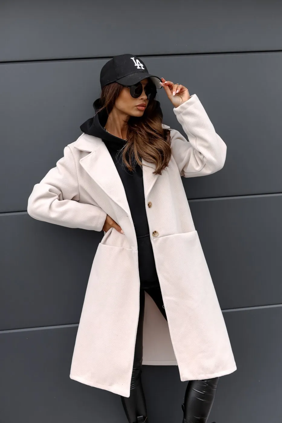 Wool wełna miesza zimowy ciepły płaszcz Kieszonkowy Khaki Khaki jesienna luźna luźna odzież uliczna swobodny moda lady odzież wierzchnia 230818