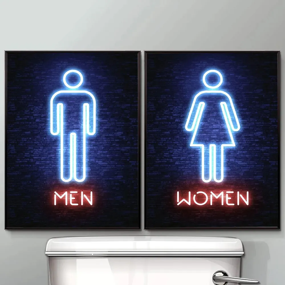 Man Woman Neon WC Sign Canvas Painting Funny Toilet Posters And Prints Wall Art Nordic Wall Pictures For Bathroom Washroom Home Decor No Frame Wo6