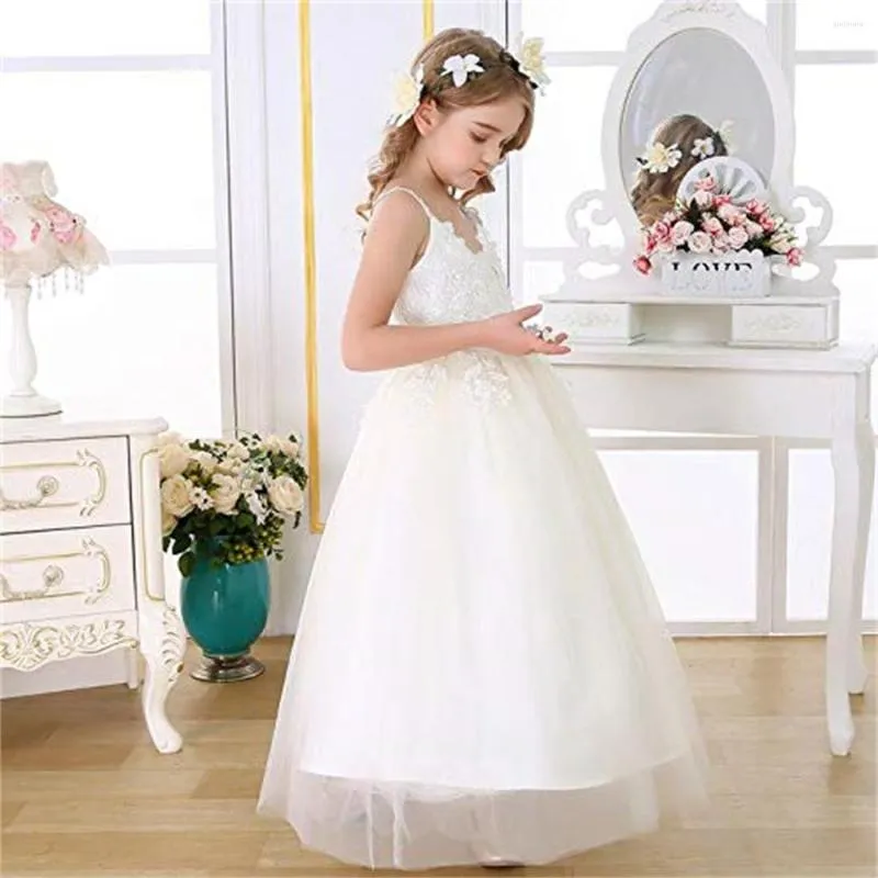 Fille Robes Vintage Blanc Dentelle Gland Mince Sangle Fleur Robe De Mariage Élégant Petit Enfant Premier Anniversaire Eucharistique