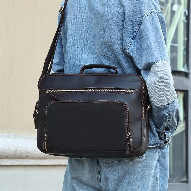 Briefcases Highend Vintage A4 Brown Genuine Crazy Horse Leather Executive Men Briefcase Messenger Bag 15.6'' Laptop Portfolio Handbag M6636