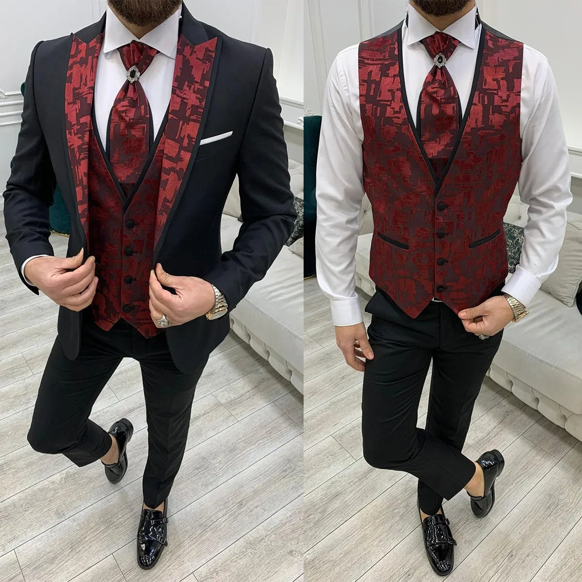 Moda menu garnitury do malowania druku ślubnego smoking szczyt lapel groom zużycie impreza PROM 3 szt. PCES PANTY KEDOWEJ KEDY ZAMIENIONY