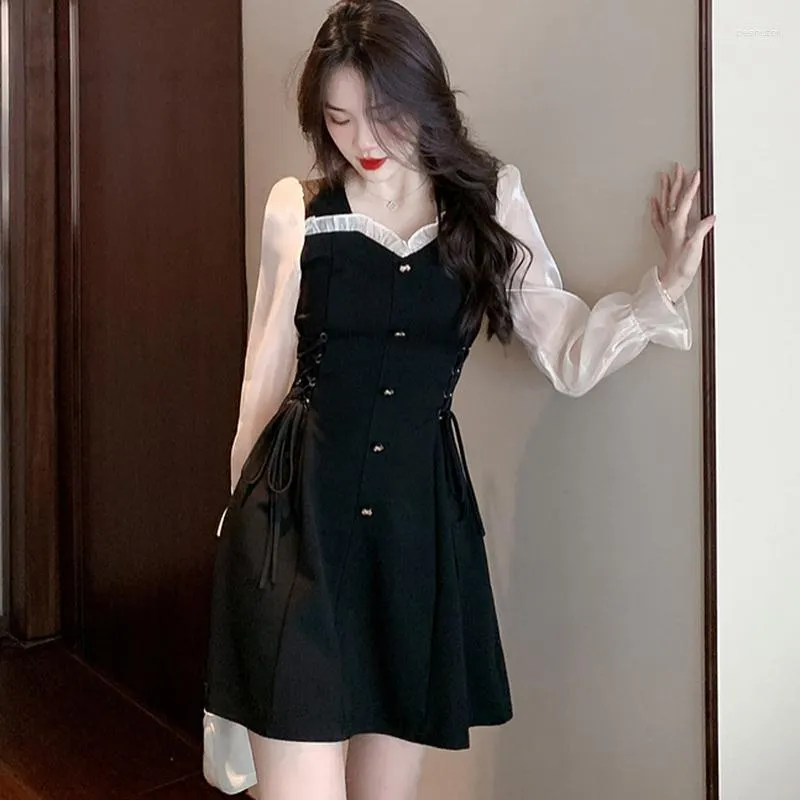 Sukienki swobodne koreańskie czarne sukienki w stylu vintage sprężyna wiosna Kobiety długi rękaw Slim A-line 2023 Eleganckie kawaii pras