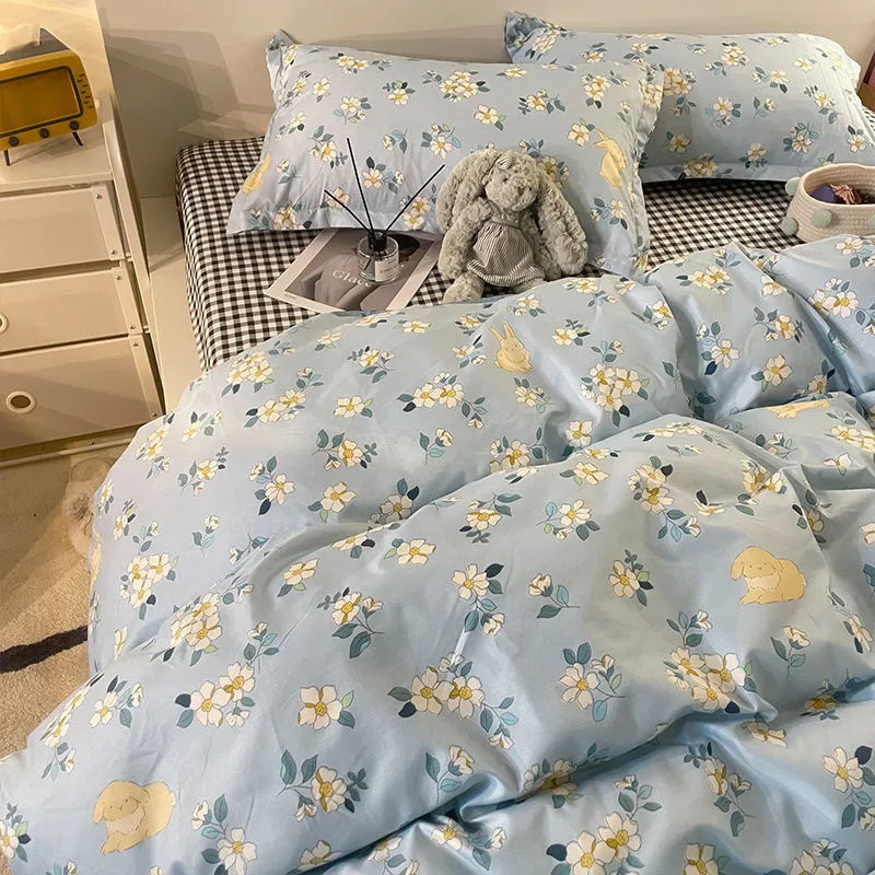 Sängkläder set ins små blommor blå set rutnät täcke täcke mjuk drottning full tvilling tecknad platta lakan linnet kudde kawaii 230818