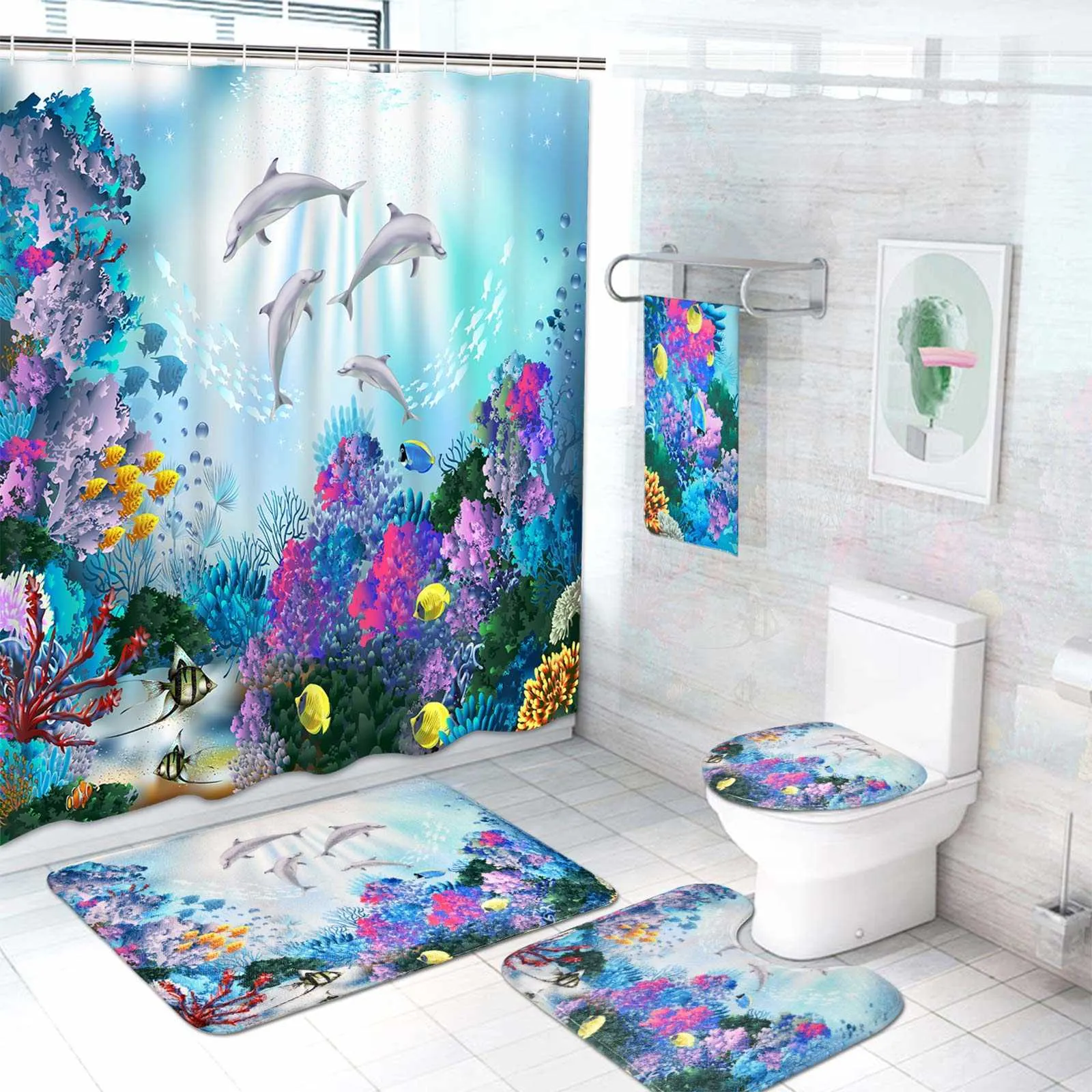 Ocean Dolphin Shower Curtain Set: 3D Waterproof Fabric, Non-Slip Bath Mat \u0026  Toilet Cover - Transform Your Bathroom! from Dhgate Shower Curtains - price  44.3, image size:1600x1600