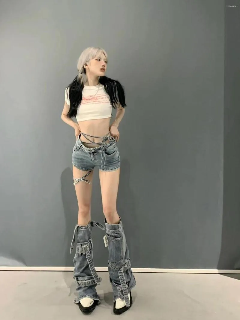 Women's Jeans Vintage Washed Bandage Girls Two Ways Wearing Shorts And Leg Cover Belt Denim Baggy Pants Streetwear Punk Goth