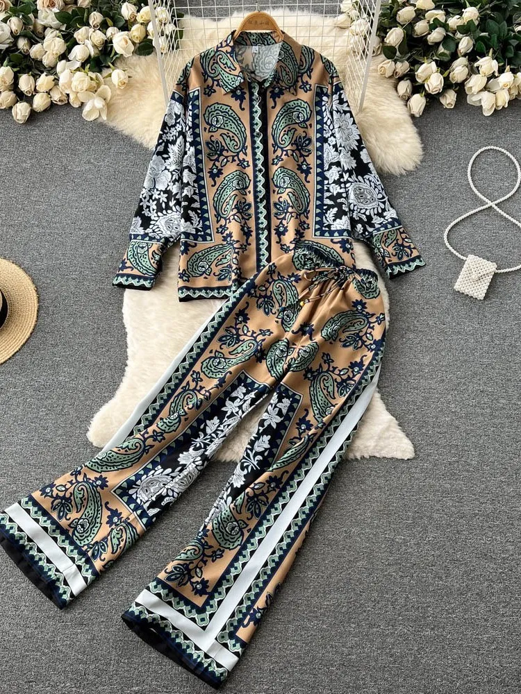 Women s Two Piece Pants Vintage Women Casual Loose Floral Trousers Suit Elegant Shirts Tops Straight Pantsuit Female Fashion Boho Holiday 2 Pieces Set 230821