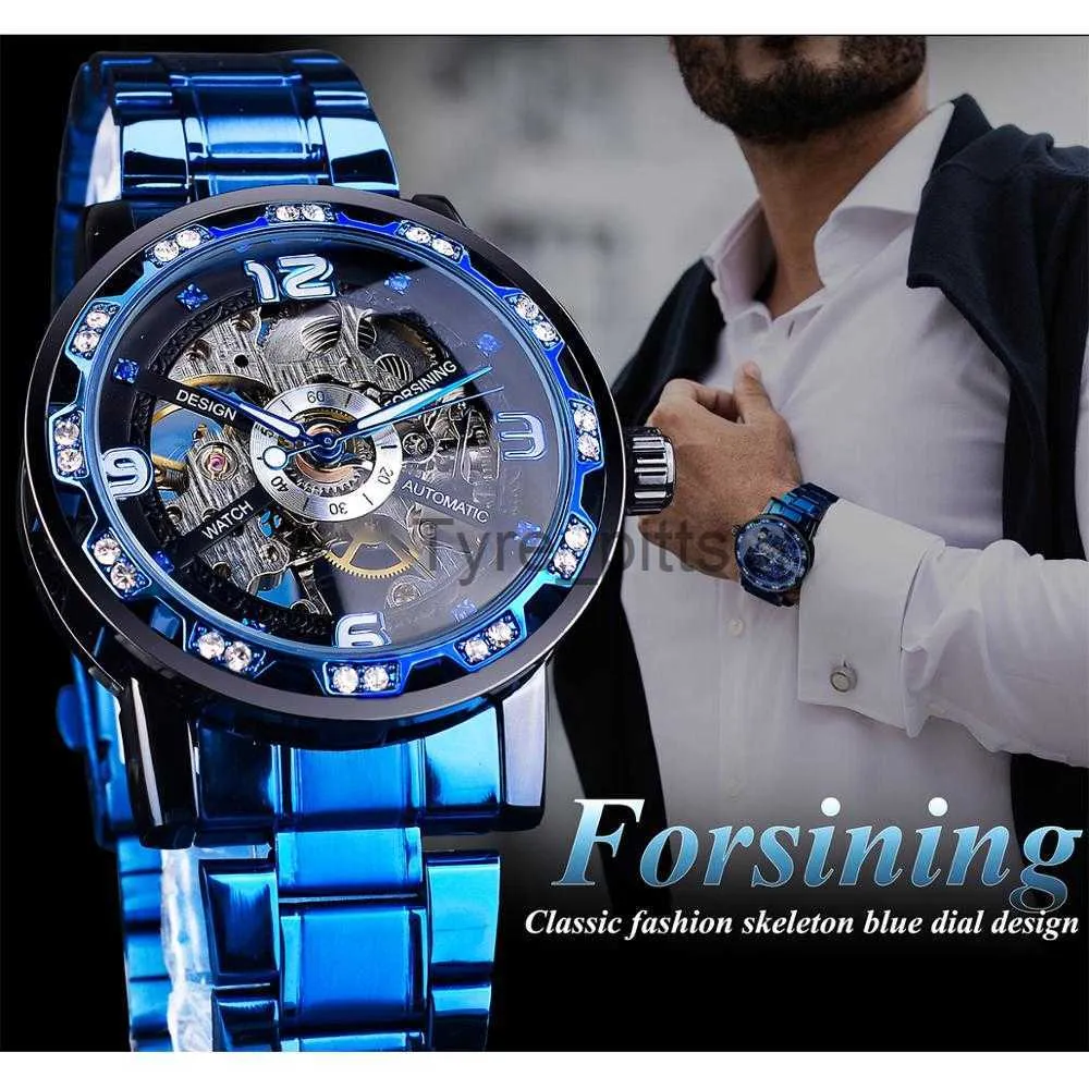 Otros Dispositivos Portatiles Forsining Blue Diamond Esqueleto Transparente Hombres Reloj Mecanico Acero Inoxidable Manos Luminosas Reloj De Pulsera Reloj De Negocios Informal X0821 De 18 05 DHgate