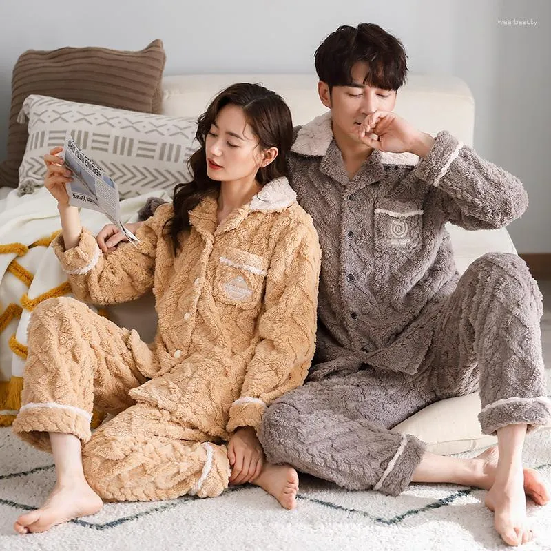 Women's Sleepwear Winter Thick Warm Couple Flannel Pajamas Set Long Sleeve Loose Soft M-3XL Lovers Coral Fleece Homewear