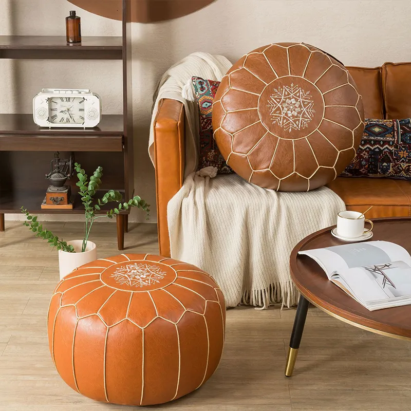 Cushion Decorative Pillow Moroccan PU Leather Pouf Embroider Craft Hassock Ottoman Footstool Cover Round Artificial Leather Pouffe Cushion Unstuffed