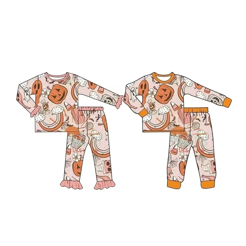 Pyjama Halloween Pyjama Boutique Bébé Garçon Fille Ensemble Spooky Pumpkin Print Orange Crewneck Sibling Sleepwear Survêtement 230818