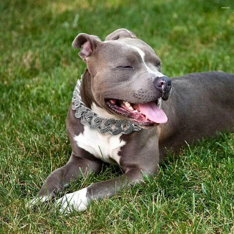 犬の襟32mm大チョークチェーンカラーヘビーデューティクリスタルキューバリンク厚いステンレス鋼ハーネスペットアクセサリー