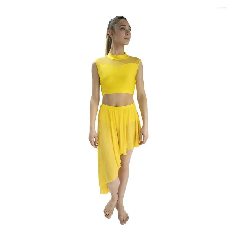 Stage Draag Retail Groothandel Nylon/Lycra Mesh Moderne dansrokken Mouwloze jurk met stromende rokomzetting Performance