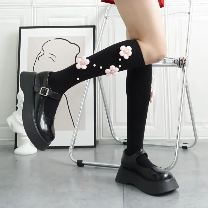 Femmes Chaussettes Mode Genou Haute Rose Fleur Blanc Lolita Couleurs Solides Cuisses Bas Printemps Automne Pour Femmes