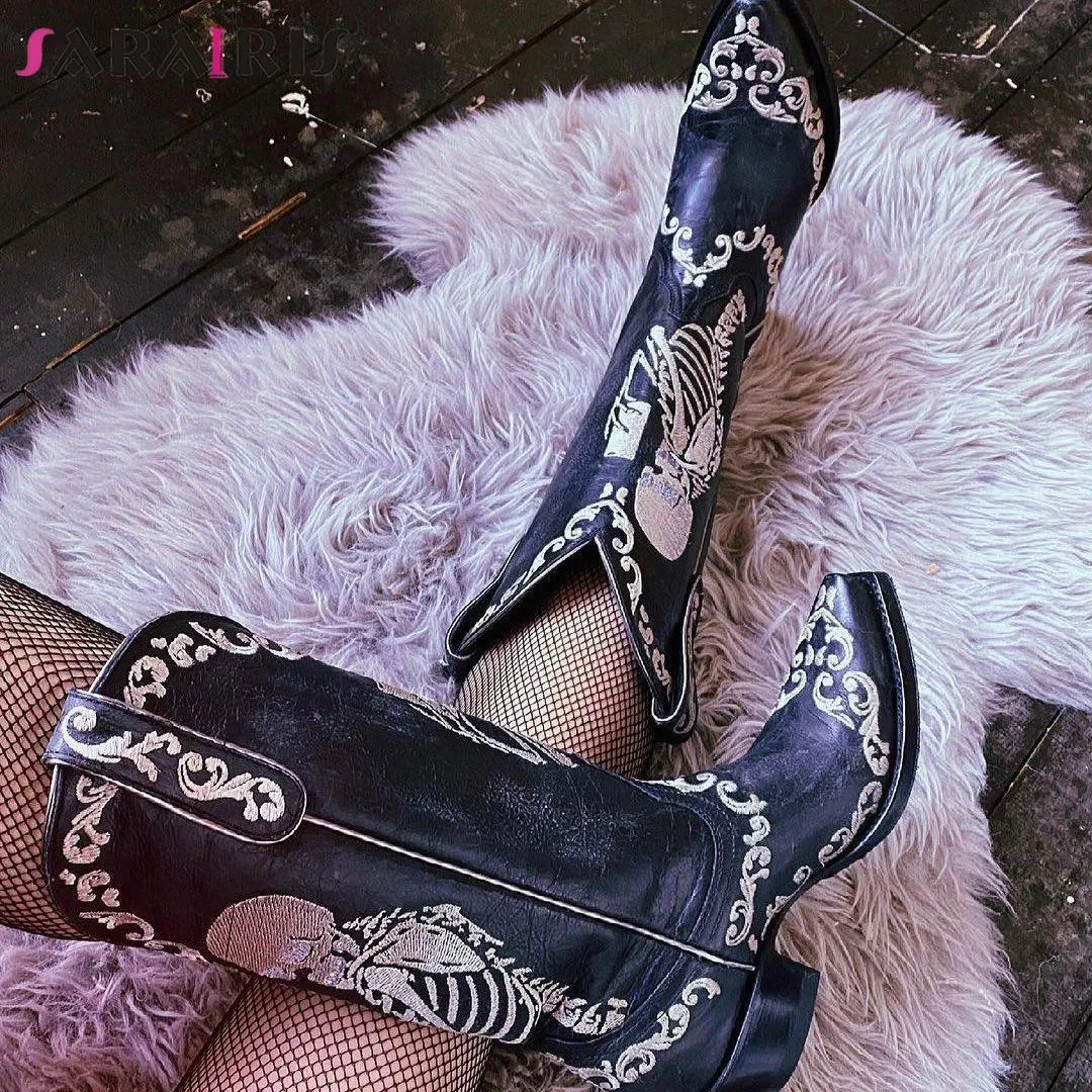 Boots Plus Size 48 High Heeled Women Mid Calf Chunky Platform Cowboy Cowgirl Retro Skull Embroidery Fashion Rome Shoes 230821