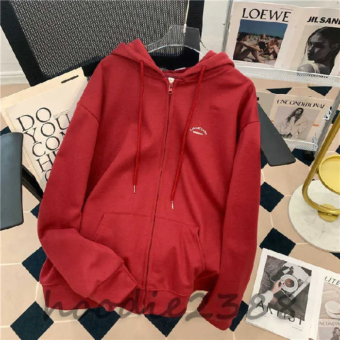 Red hoodie , long sleeves Five color schemes are available Women's hoodie Women's early fall loose zip-up cardigan coat Trim tail