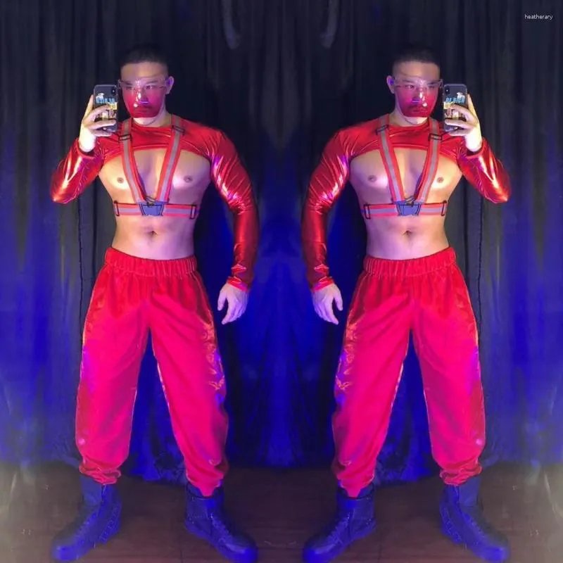 Stage Draag fluorescerend groen/rode paal danskostuum mannen sexy nachtclub kleding feestshow lange mouw gogo jazz dancewear