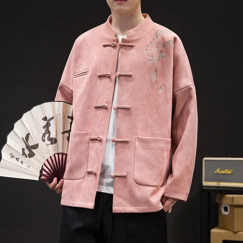 Vestes pour hommes Veste en velours de peau de cerf chinois Broderie de style ancien Zhongshan Col montant Jeunesse Costume Tang 230821