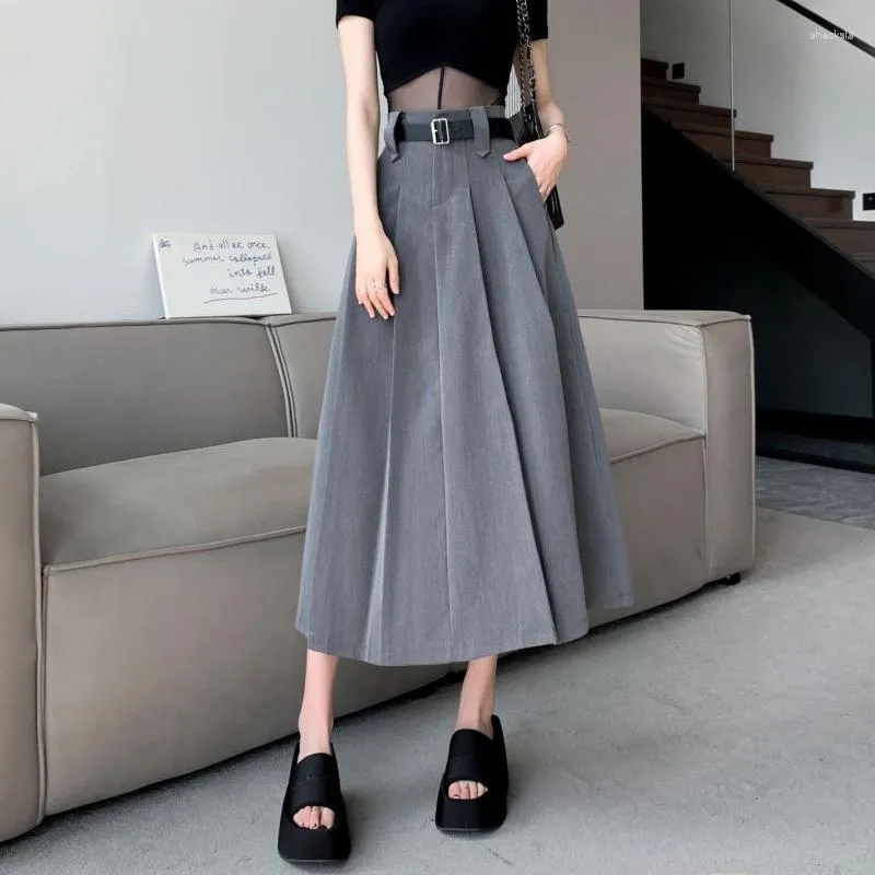 スカート韓国のファッションハイウエストプリーツスカート女性エレガントなAラインフォーマルロングウィズベルトオフィスレディース