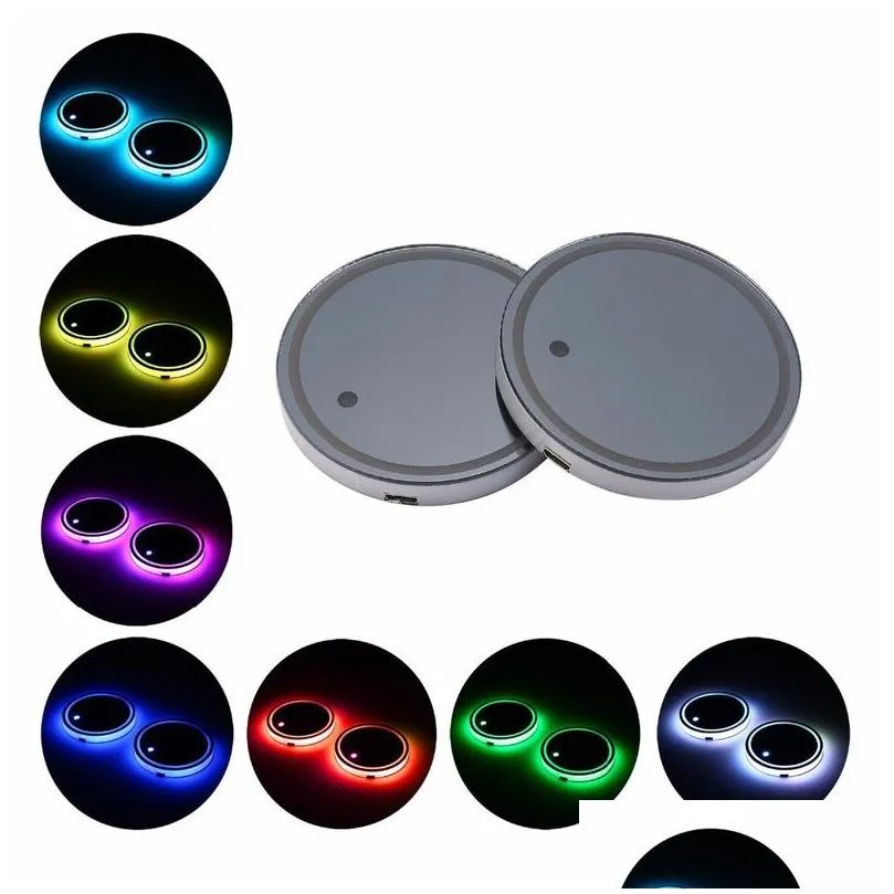 Décorations intérieures 2 Pcs Led Atmosphere Cool Lights Up Car Cup Holder Pad Mat Light Er Garniture Colgante Décoration Drop Delivery Mobi Dhcay